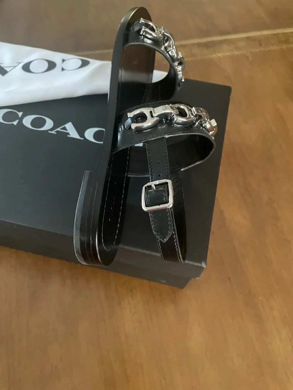 Coach Black Leather Sandal with Silver Chain Detail - Picture 5 of 10